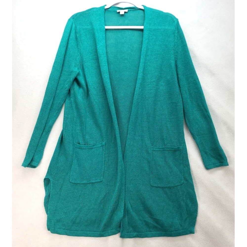 J‎ Jill Cardigan Womens M Green Teal Duster Open Knit Linen Blend Long Sleeve